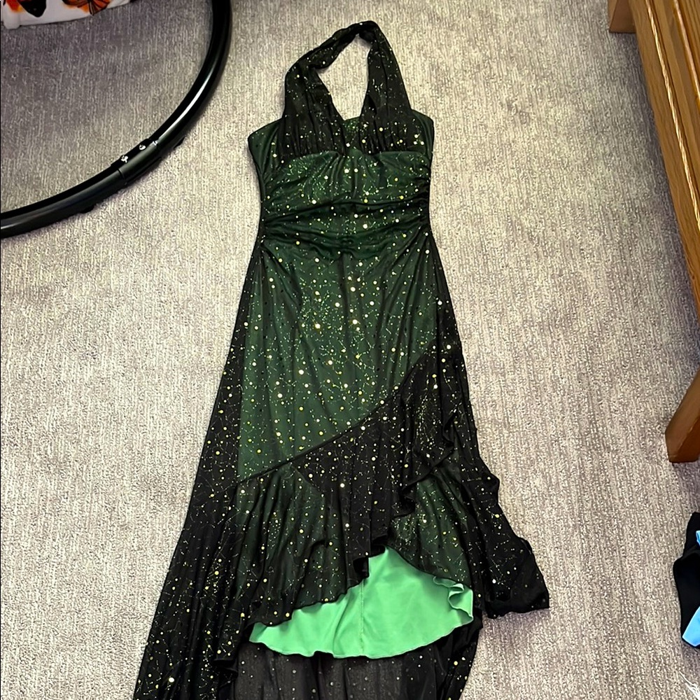 Elegant Green and Black Halter Dress with Gold Accents